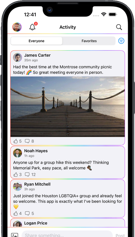 The Faro app showing a local community Activity feed